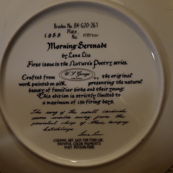 1989 LENA LIU CARDINALS BIRDS MORNING SERENADE PORCELAIN PLATE! ☆☆ 3 For $25☆☆ - Picture 3 of 5